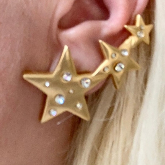 Vintage Kenneth Jay Lane Triple Star Clip On Earrings with Crystals - Picture 6 of 7